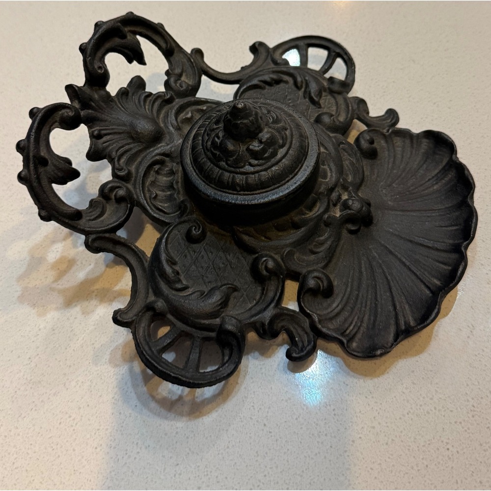 Antique Style Cast Iron Ornate Victorian Inkwell Pen Stand Black JM188